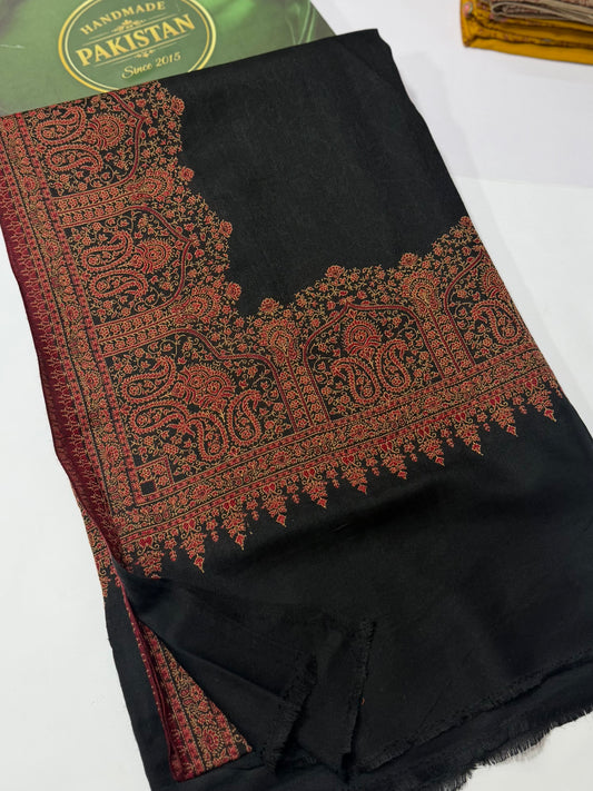 Pashmina Wool Kani Border Shawl in Full Size 4 Side Border | Black