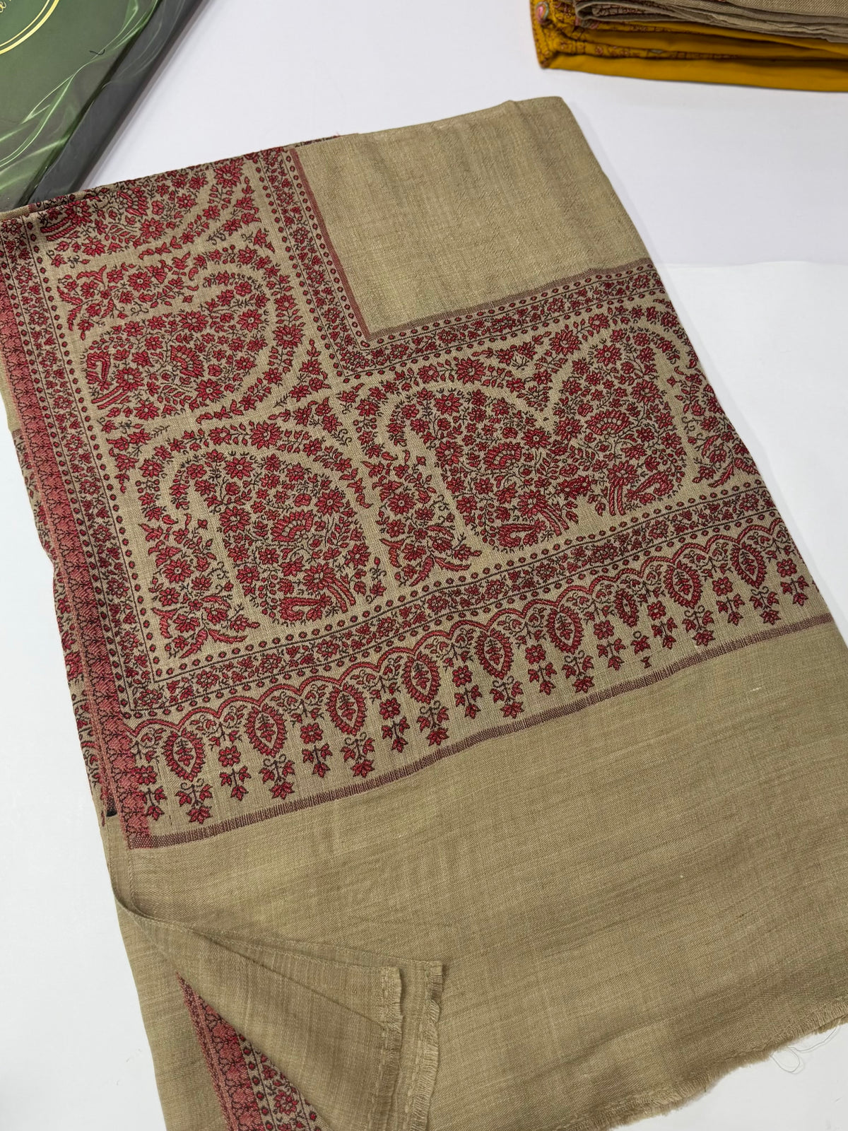 Pashmina Wool Kani Border Shawl in Full Size 4 Side Border | Skin