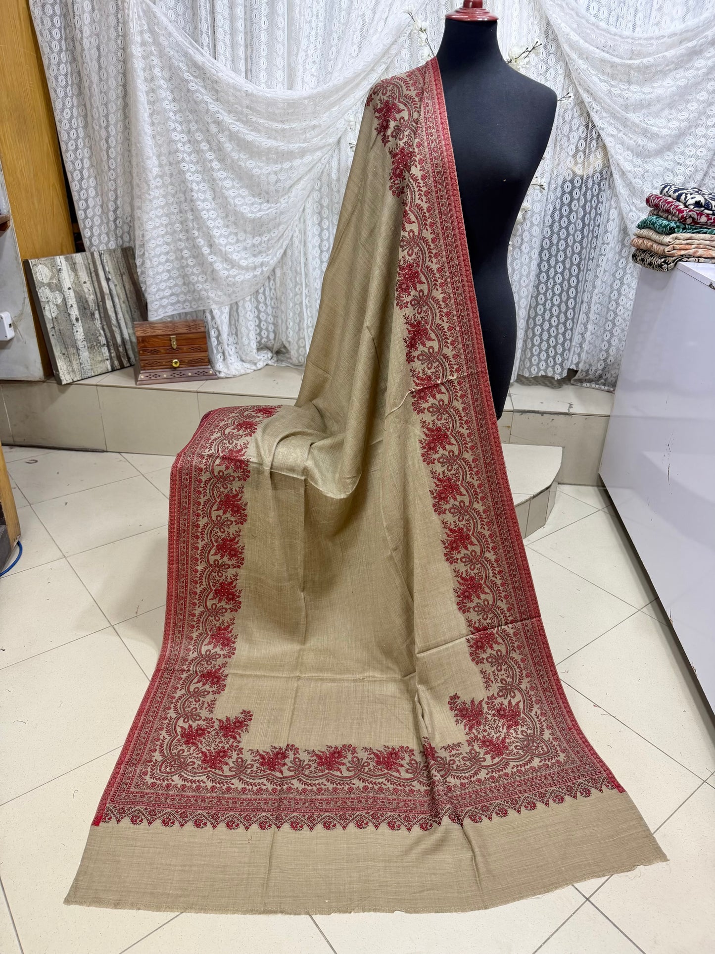 Pashmina Wool Kani Border Shawl in Full Size 4 Side Border | Skin