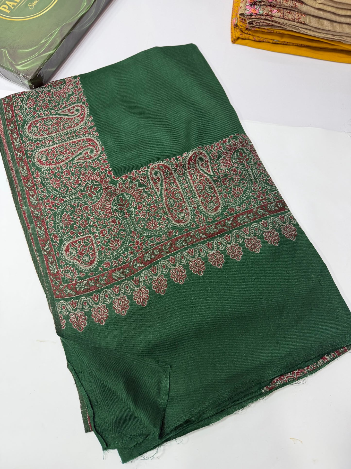 Pashmina Wool Kani Border Shawl in Full Size 4 Side Border | Green