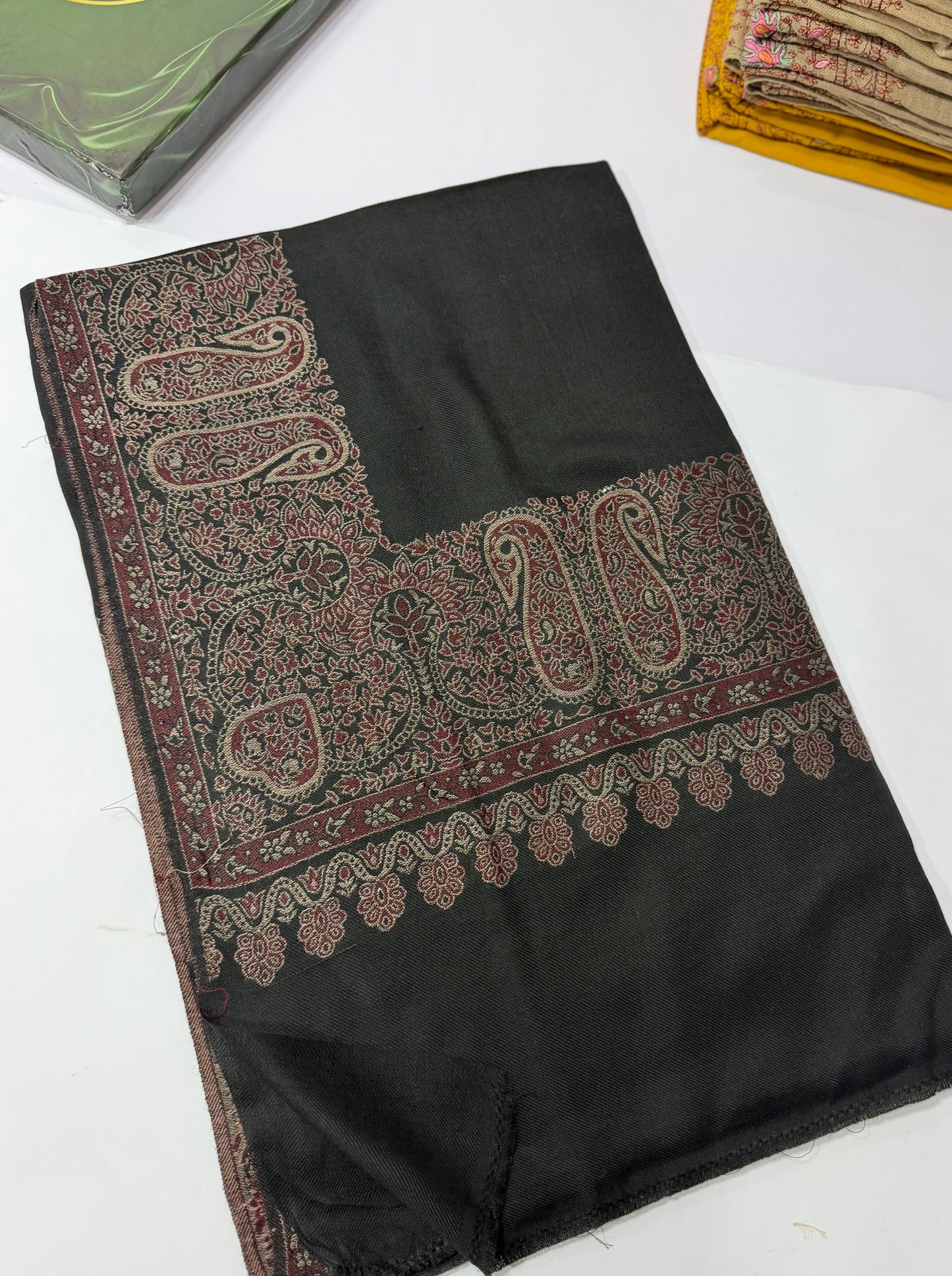 Pashmina Wool Kani Border Shawl in Full Size 4 Side Border | Black