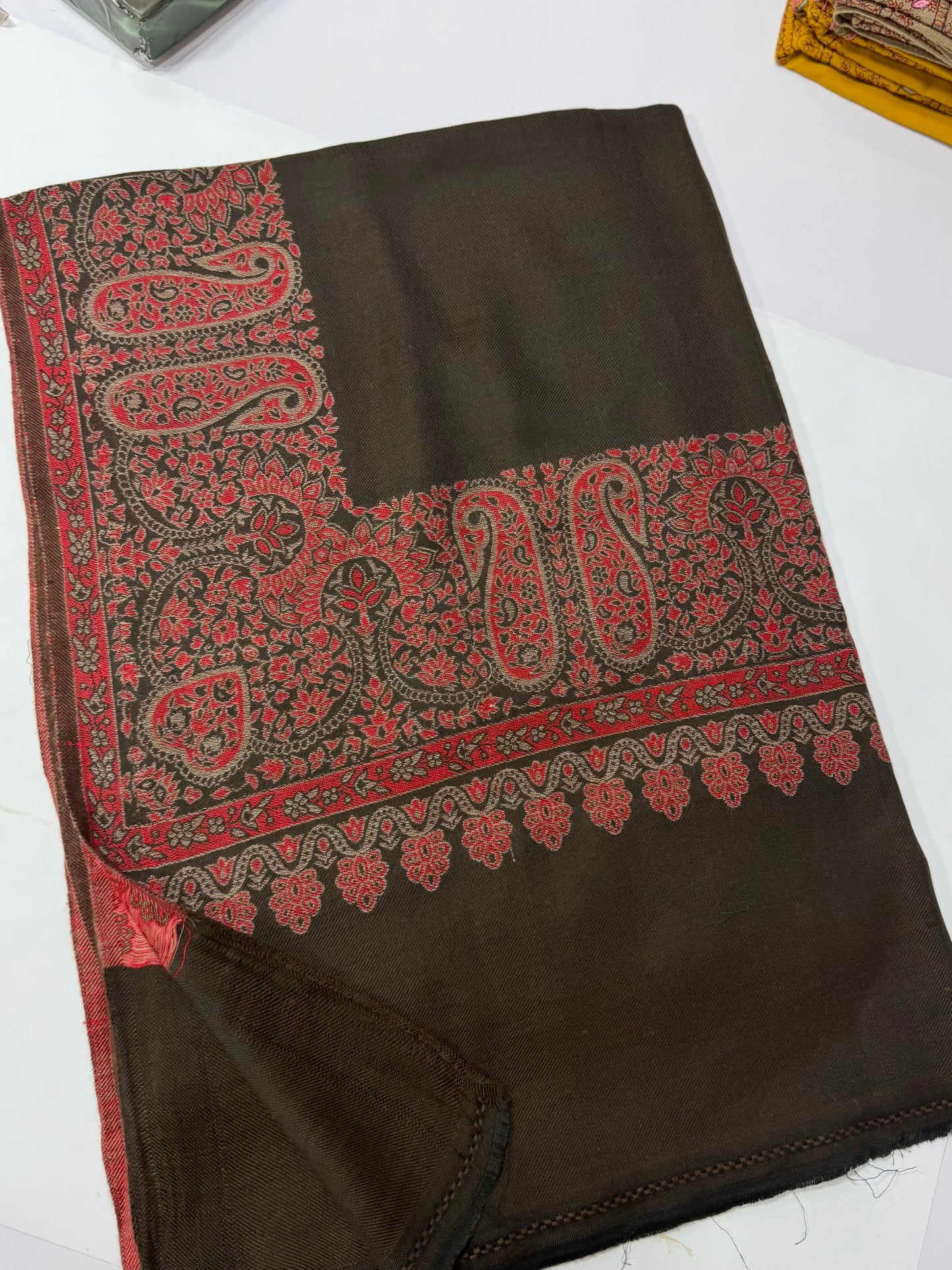 Pashmina Wool Kani Border Shawl in Full Size 4 Side Border | Dark Brown