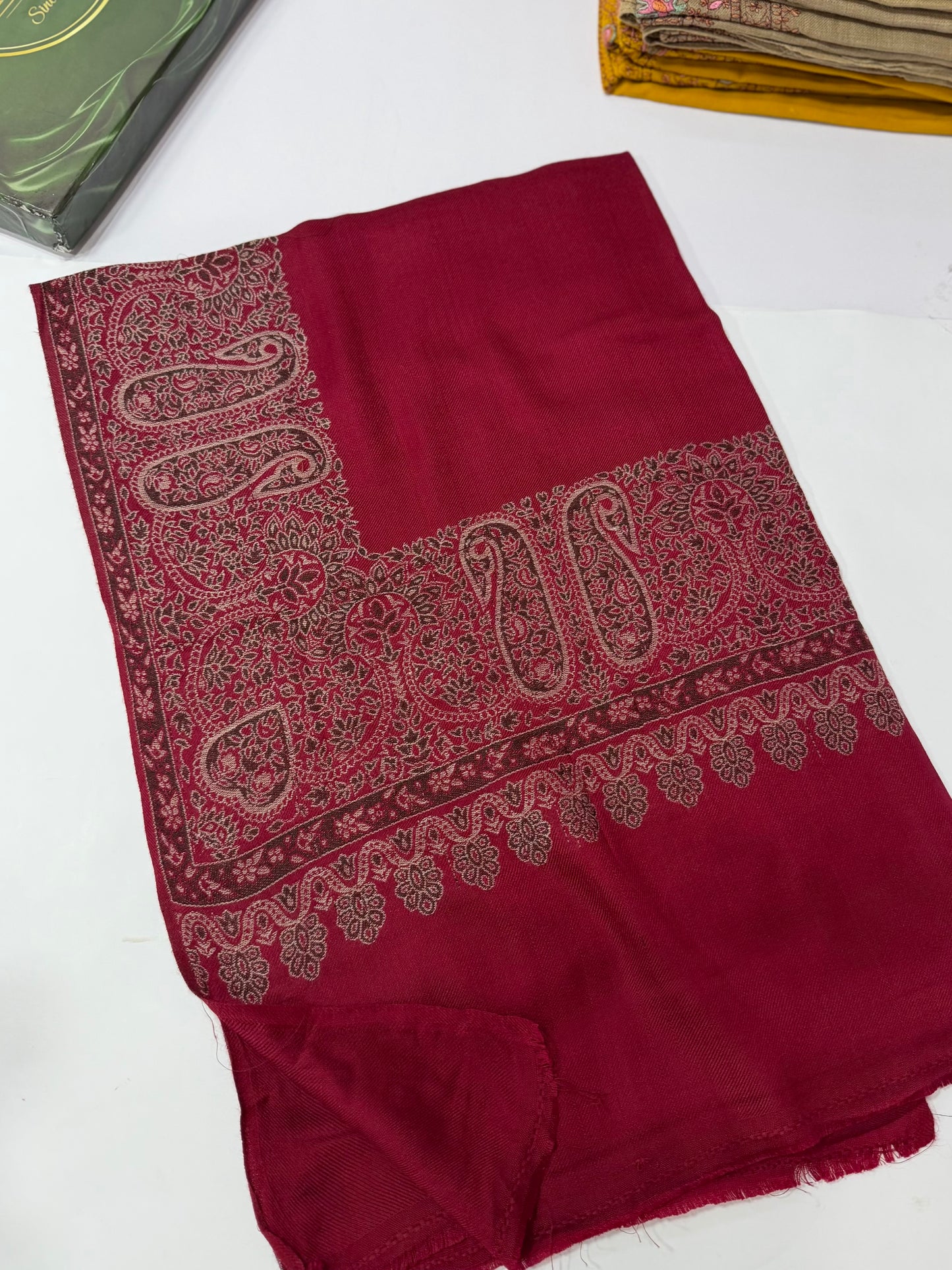Pashmina Wool Kani Border Shawl in Full Size 4 Side Border | Maroon