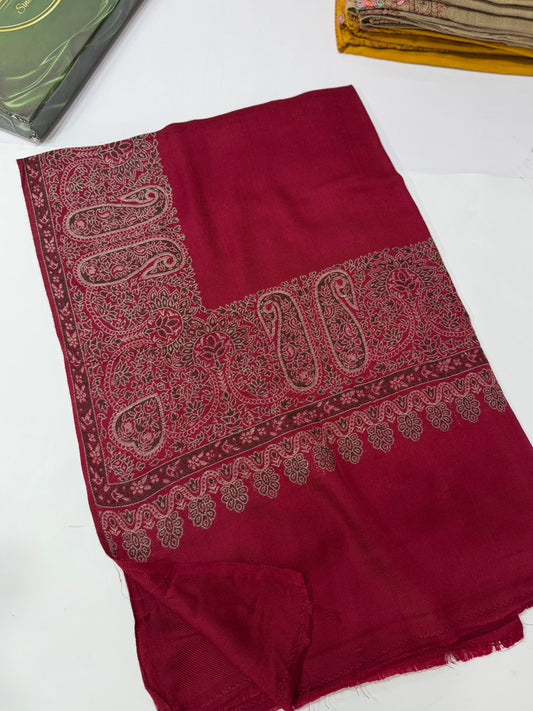 Pashmina Wool Kani Border Shawl in Full Size 4 Side Border | Maroon