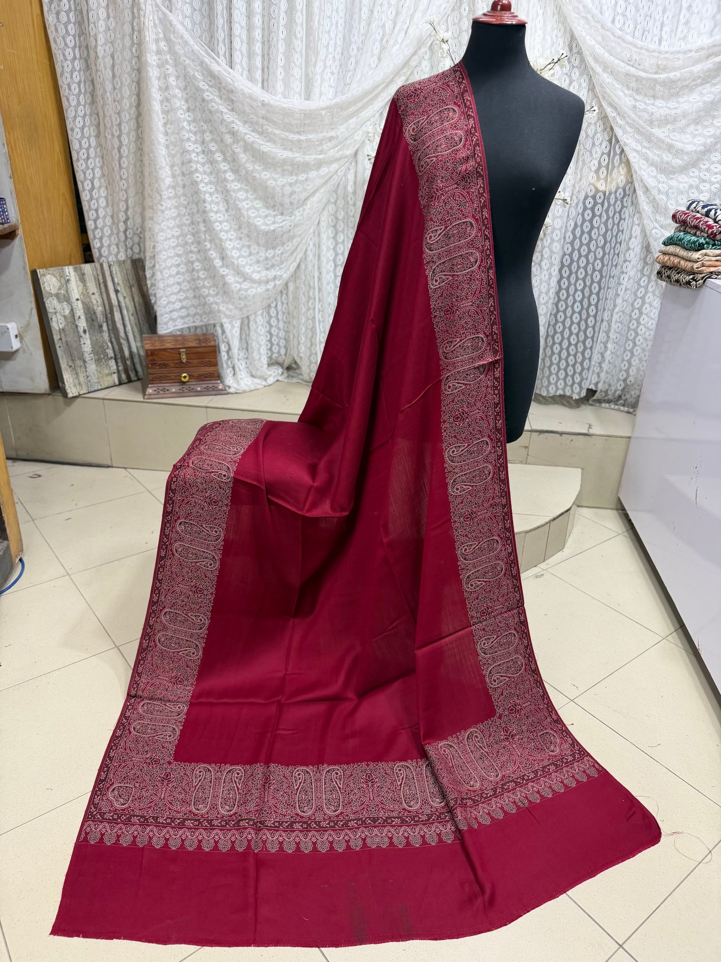 Pashmina Wool Kani Border Shawl in Full Size 4 Side Border | Maroon