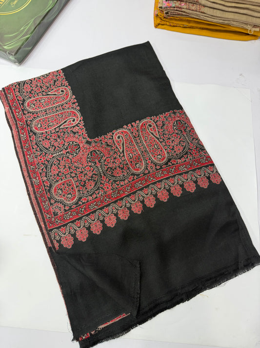 Pashmina Wool Kani Border Shawl in Full Size 4 Side Border | Black