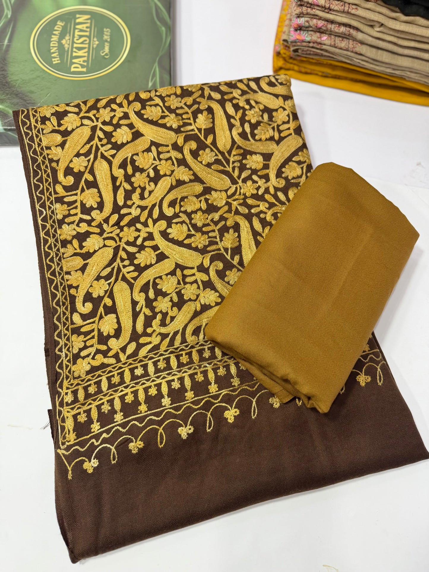 Pashmina 3 Piece Suit | Heavy Embroidered Shawl with Plain Suit Marina | Brown With Skin