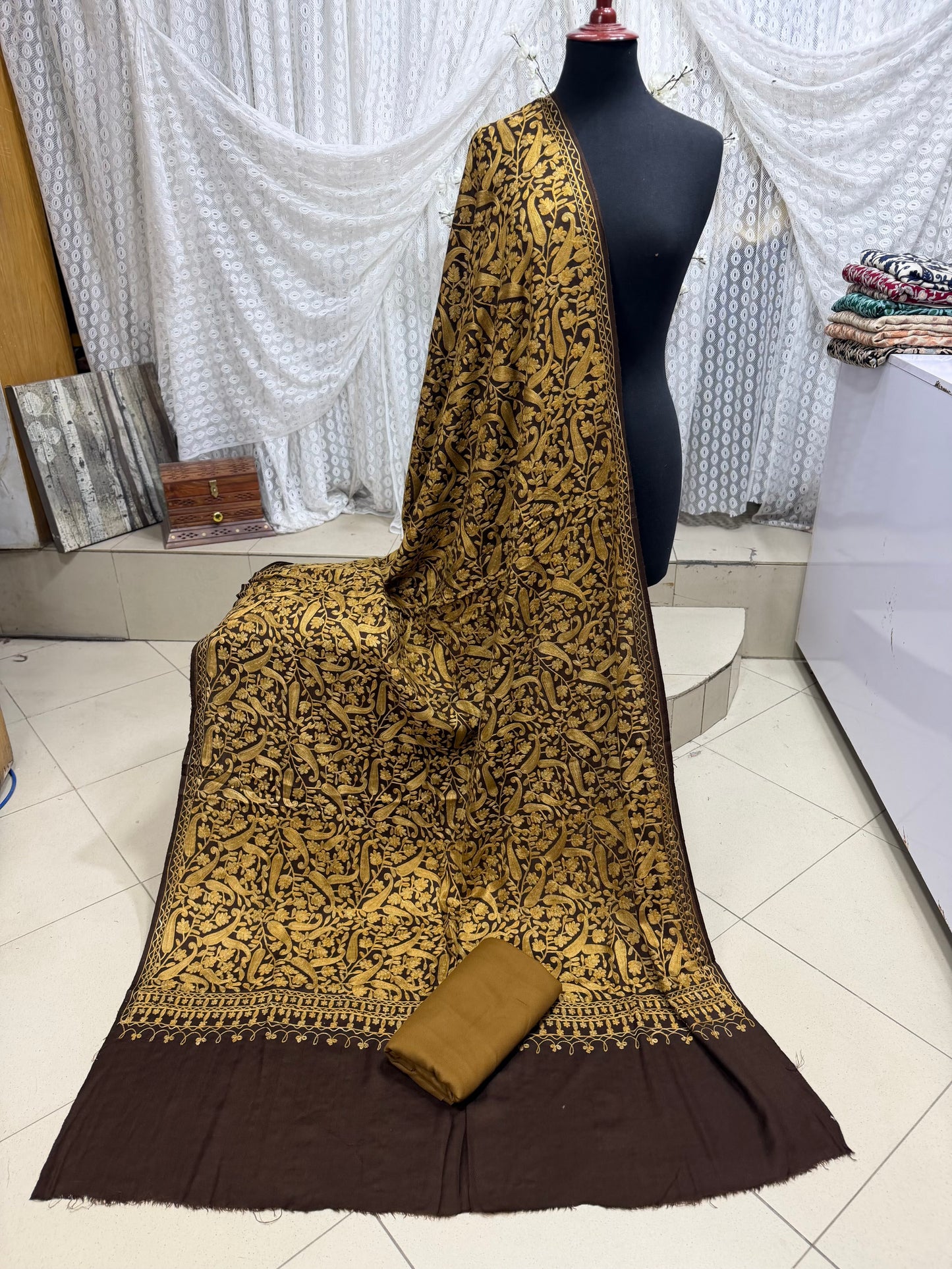 Pashmina 3 Piece Suit | Heavy Embroidered Shawl with Plain Suit Marina | Brown With Skin