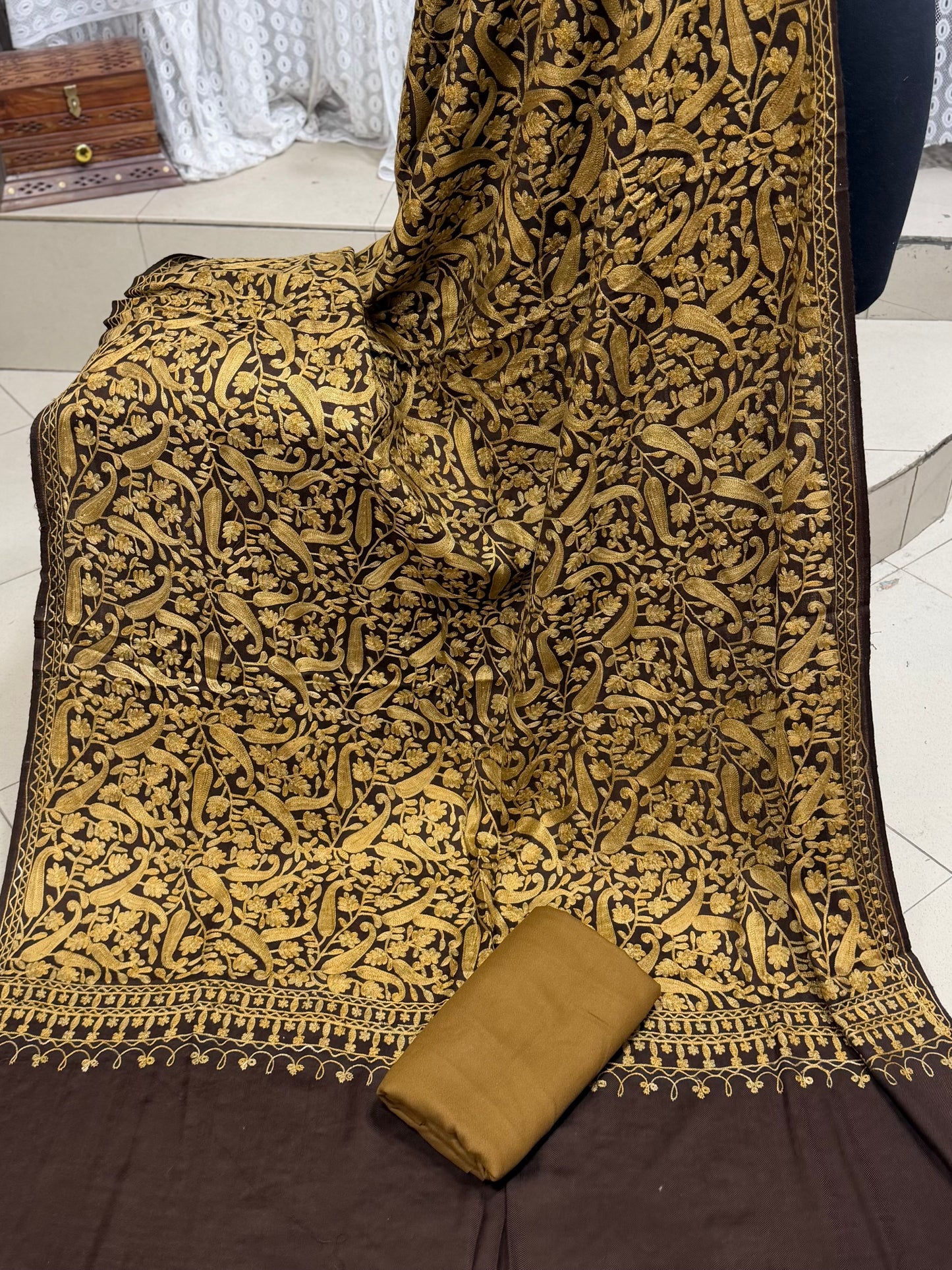 Pashmina 3 Piece Suit | Heavy Embroidered Shawl with Plain Suit Marina | Brown With Skin