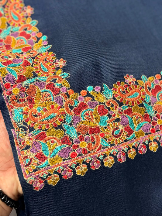 Gulab Border Embroidered Pure Pashmina Shawl Best Selling Shawl Perfect Gift | Navy Blue