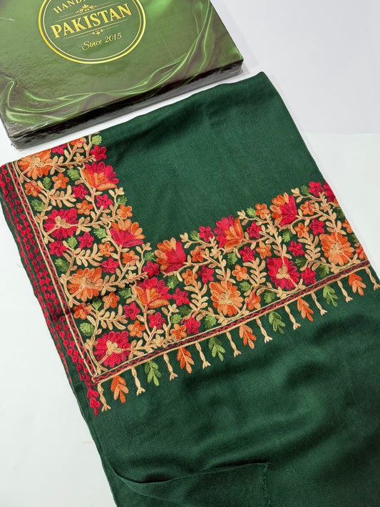 Kashmiri Shawl | Fine Pashmina Aari 4 Side Border Shawl Gift Item | Dark Green