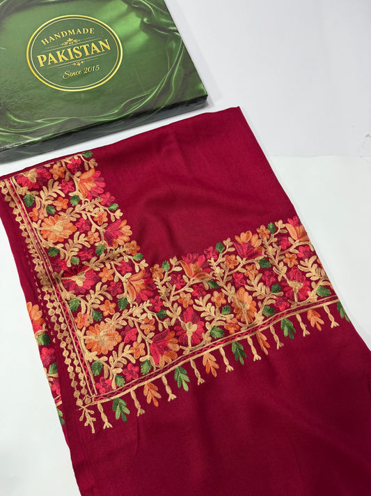 Kashmiri Shawl | Fine Pashmina Aari 4 Side Border Shawl Gift Item | Maroon