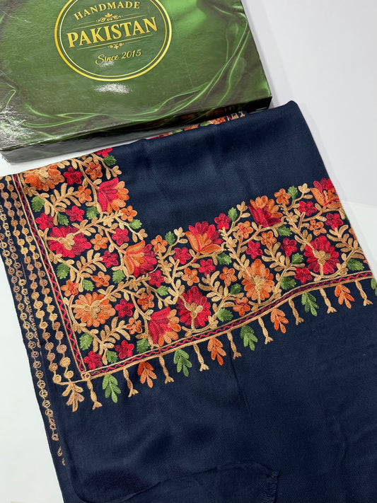 Kashmiri Shawl | Fine Pashmina Aari 4 Side Border Shawl Gift Item | Navy Blue