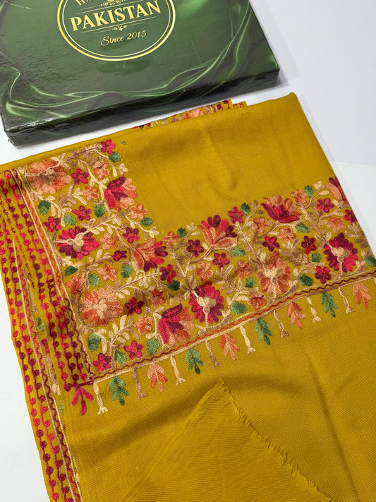 Kashmiri Shawl | Fine Pashmina Aari 4 Side Border Shawl Gift Item | Mustard