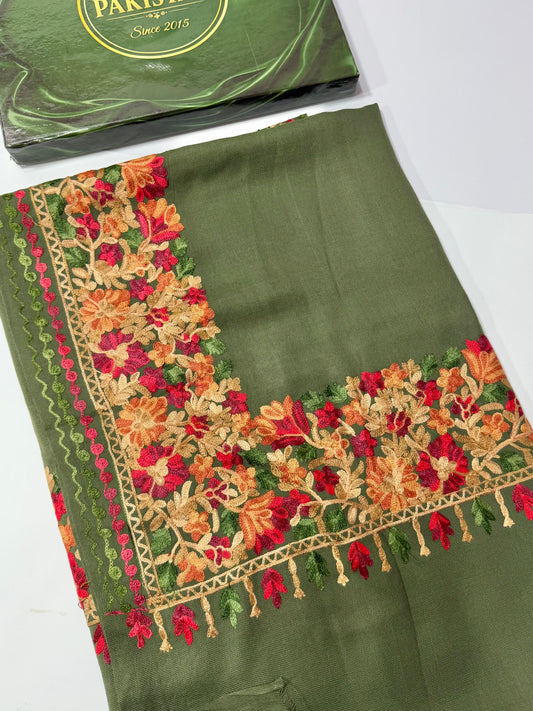 Kashmiri Shawl | Fine Pashmina Aari 4 Side Border Shawl Gift Item | Mehndi Green