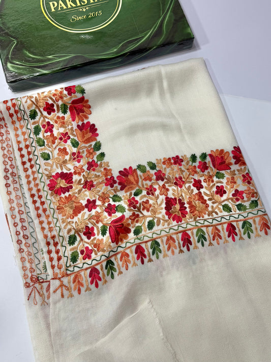Kashmiri Shawl | Fine Pashmina Aari 4 Side Border Shawl Gift Item | Off White