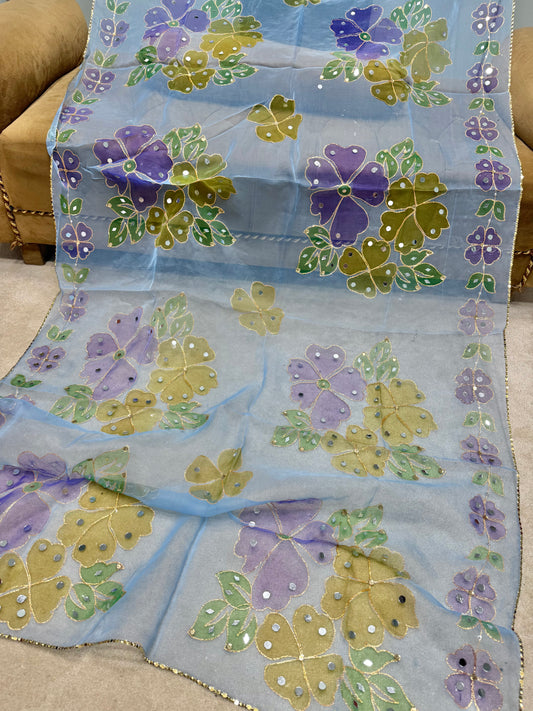 Fancy Organza Mirror Work and Embroidered Dupatta With Paint | Ice Blue