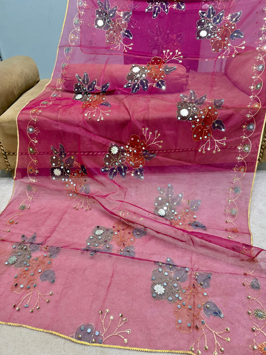 Fancy Organza Mirror Work and Embroidered Dupatta With Paint | Shocking Pink
