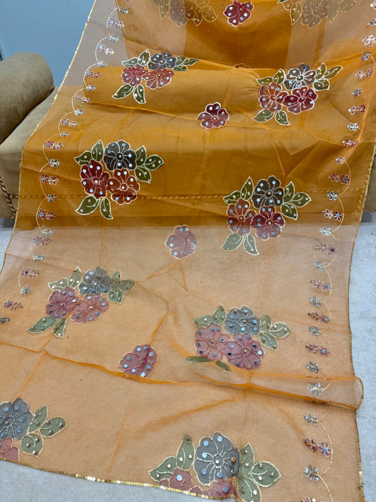 Fancy Organza Mirror Work and Embroidered Dupatta With Paint | Rust