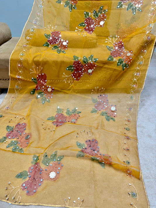 Fancy Organza Mirror Work and Embroidered Dupatta With Paint | Mustard