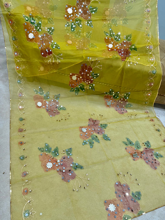 Fancy Organza Mirror Work and Embroidered Dupatta With Paint | Mehndi Green