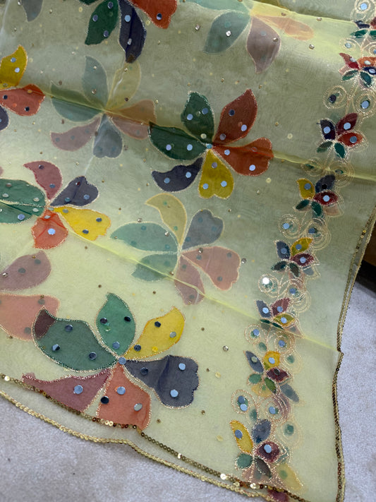 Fancy Organza Mirror Work and Embroidered Dupatta With Paint | Lemon