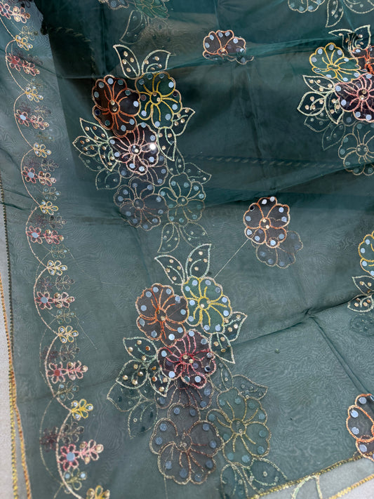 Fancy Organza Mirror Work and Embroidered Dupatta With Paint | Dark Green