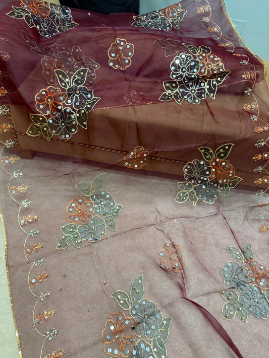 Fancy Organza Mirror Work and Embroidered Dupatta With Paint | Dark Maroon