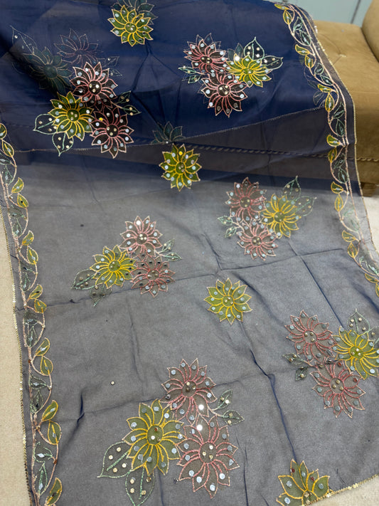 Fancy Organza Mirror Work and Embroidered Dupatta With Paint | Navy Blue