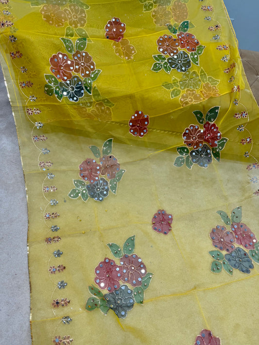 Fancy Organza Mirror Work and Embroidered Dupatta With Paint | Yellow
