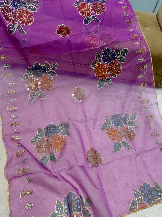 Fancy Organza Mirror Work and Embroidered Dupatta With Paint | Purple