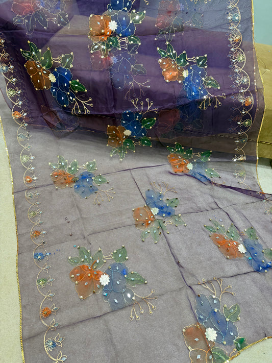 Fancy Organza Mirror Work and Embroidered Dupatta With Paint | Dark Purple