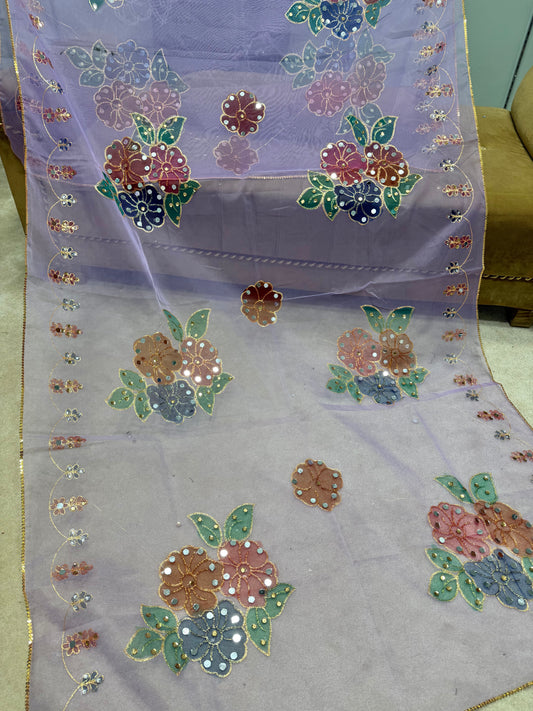 Fancy Organza Mirror Work and Embroidered Dupatta With Paint | Light Purple