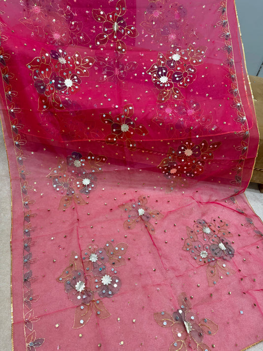 Fancy Organza Mirror Work and Embroidered Dupatta With Paint | Pink