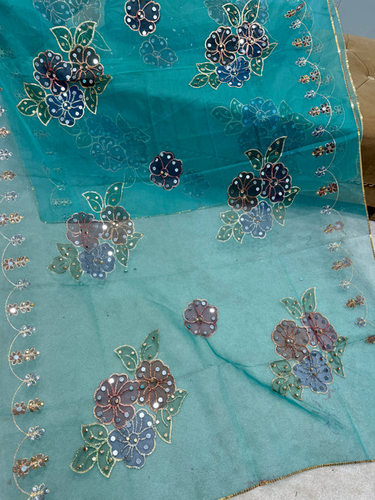 Fancy Organza Mirror Work and Embroidered Dupatta With Paint | Ferozi