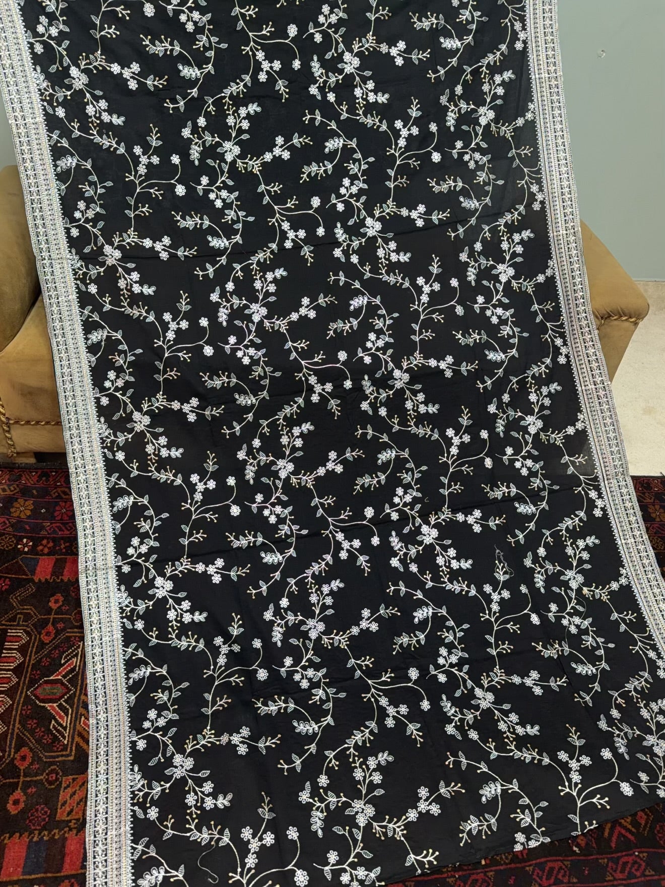 Lawn Shawl | Fine Thread Work Pure Lawn Shawl | Black