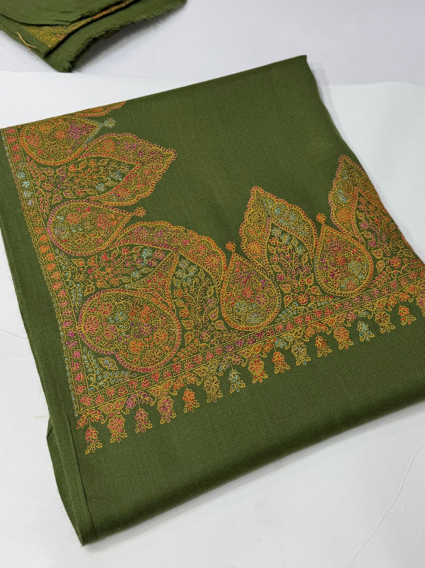 Pashmina Shawl Border Embroidery | Handmade Shawl Perfect Gift | Mehndi Green