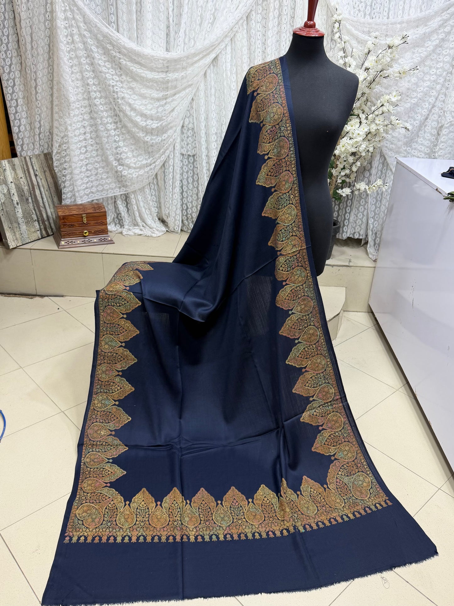 Pashmina Shawl Border Embroidery | Handmade Shawl Perfect Gift | Blue