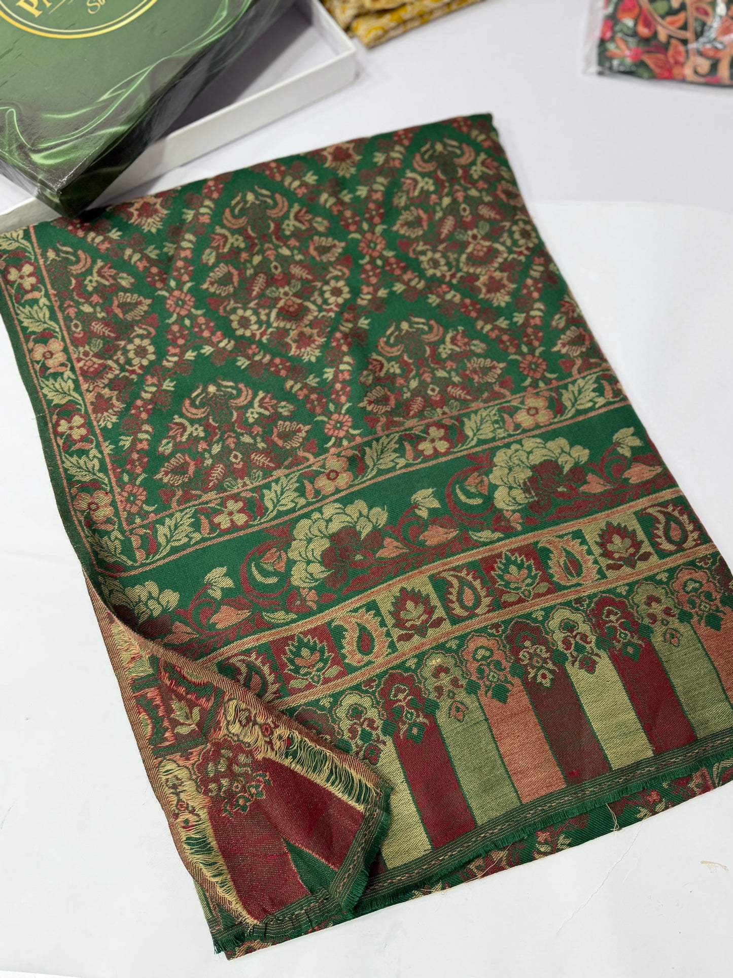Pashmina Wool Matka Design Kani Shawl in Full Size Multi Color | Green