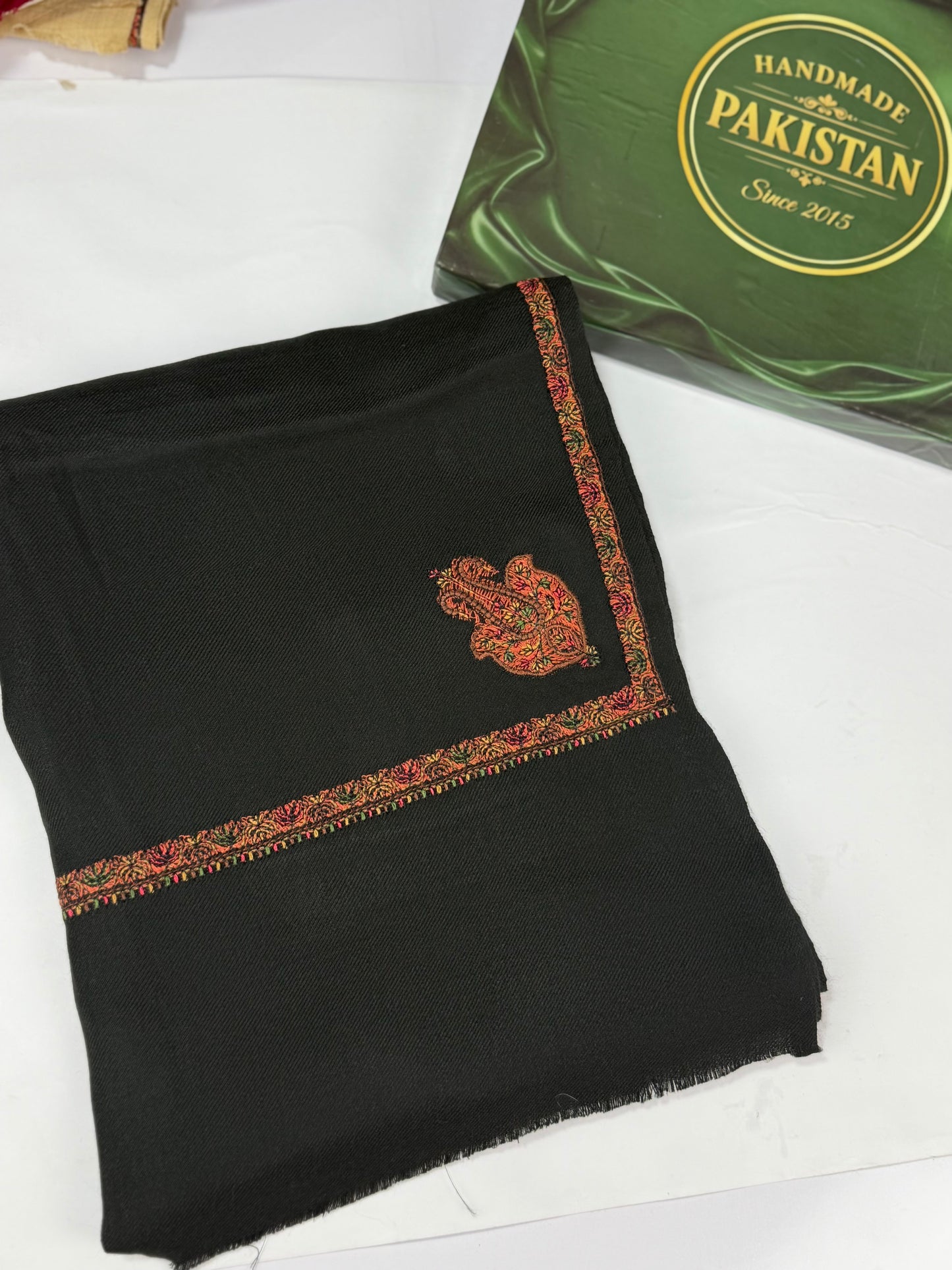 Kingri Border Embroidered Pashmina Shawl | Black