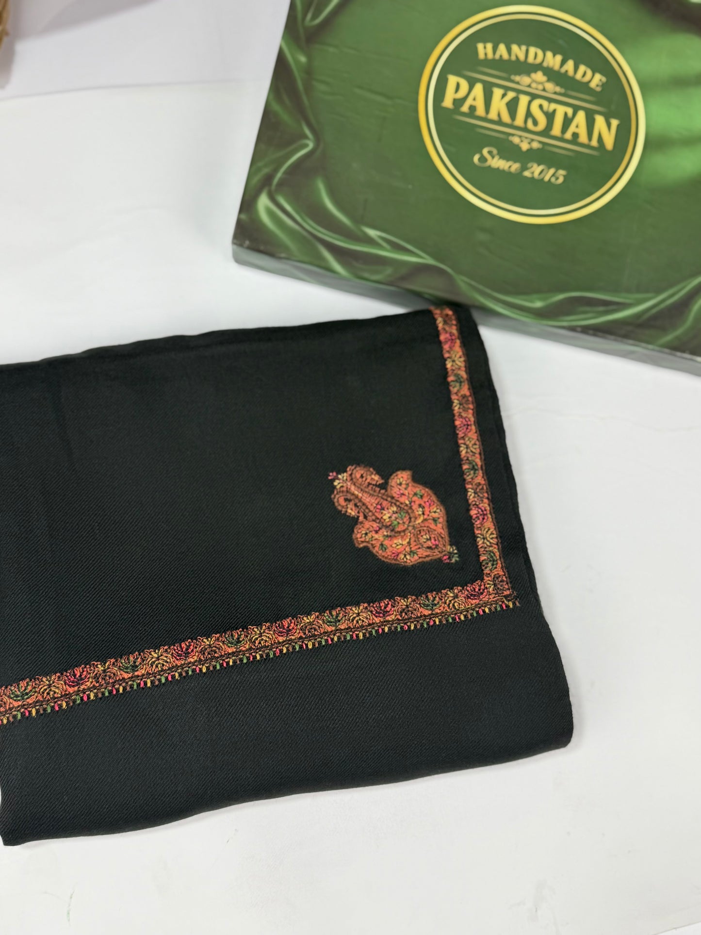 Kingri Border Embroidered Pashmina Shawl | Black