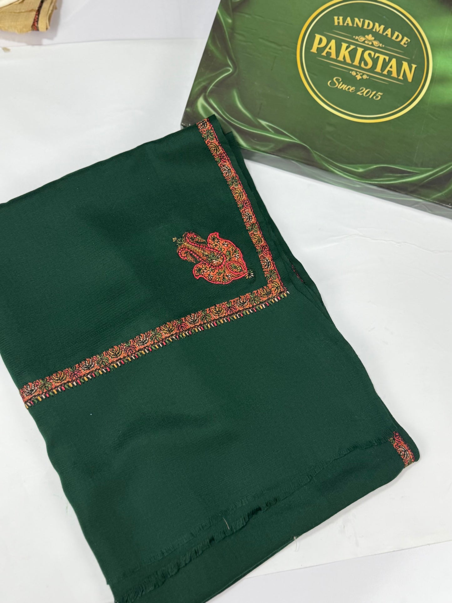 Kingri Border Embroidered Pashmina Shawl | Dark Green