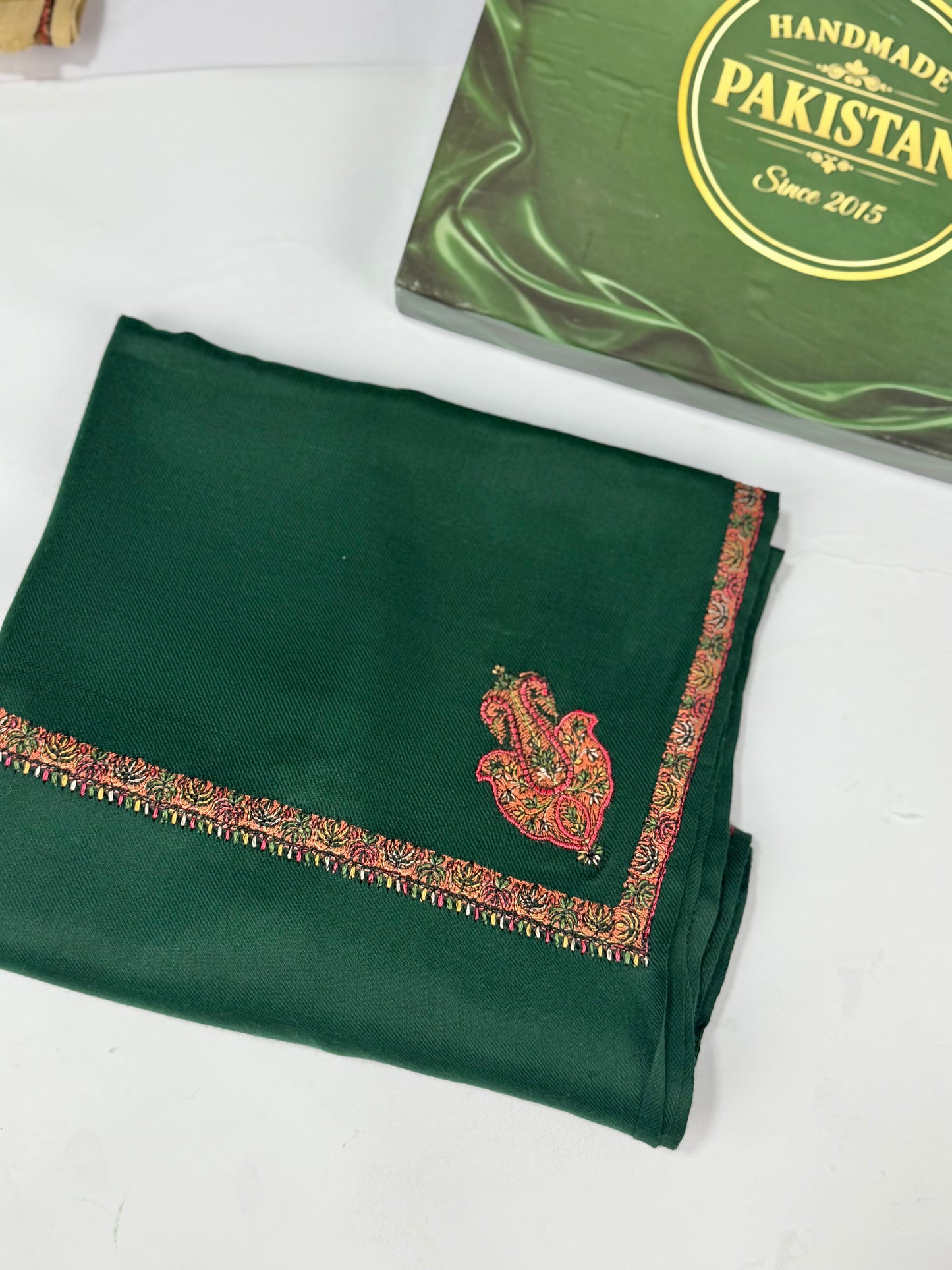 Kingri Border Embroidered Pashmina Shawl | Dark Green