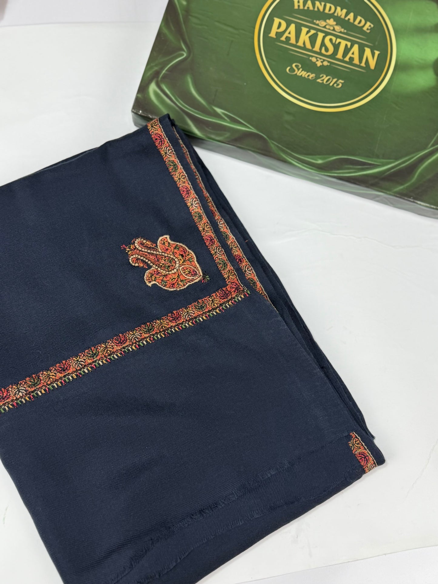 Kingri Border Embroidered Pashmina Shawl | Navy Blue