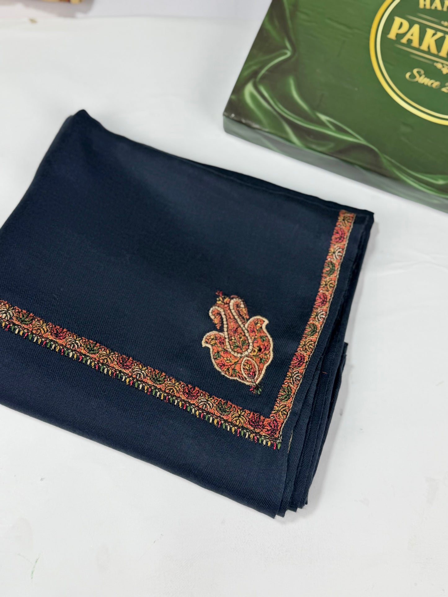 Kingri Border Embroidered Pashmina Shawl | Navy Blue