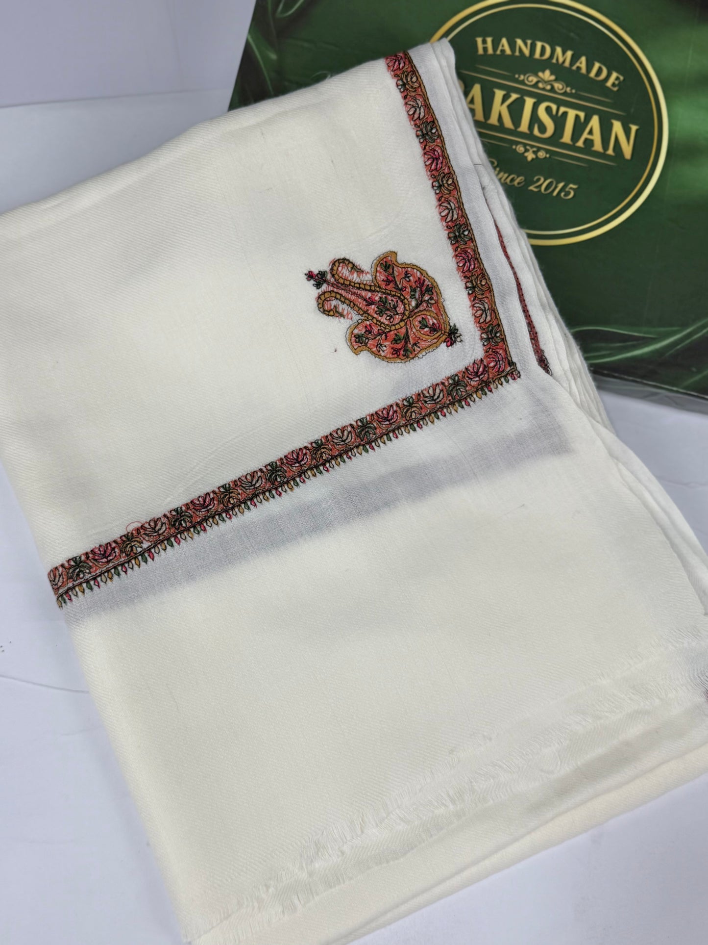 Kingri Border Embroidered Pashmina Shawl | Off White