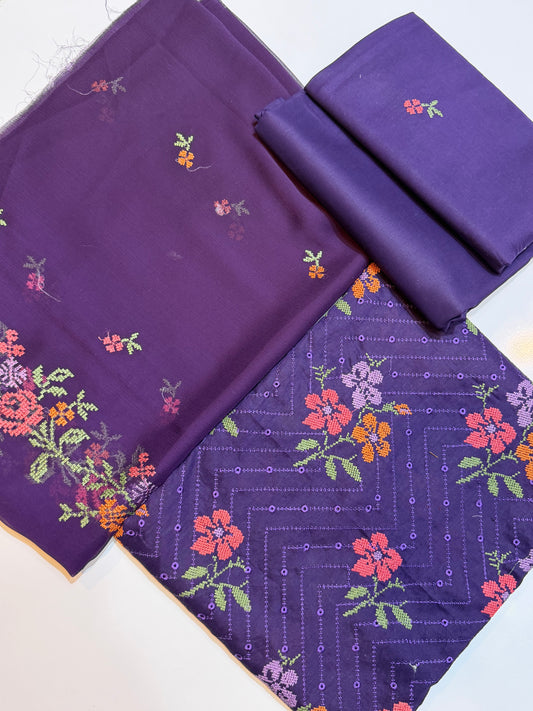 3 Piece Embroidered Lawn Suit With Chiffon Dupatta | Purple