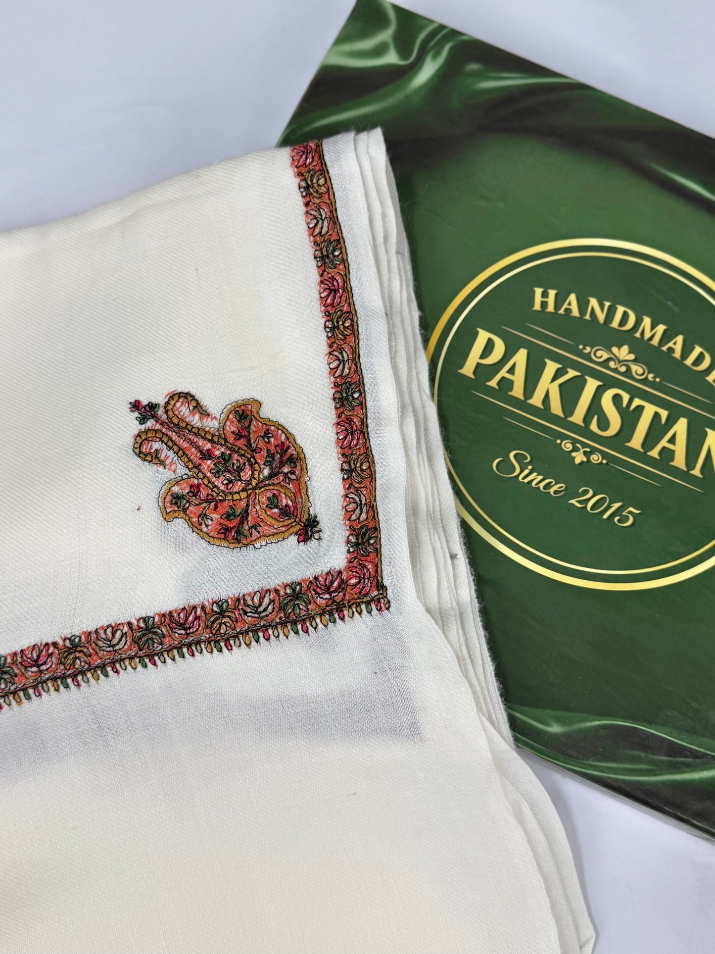 Kingri Border Embroidered Pashmina Shawl | Off White