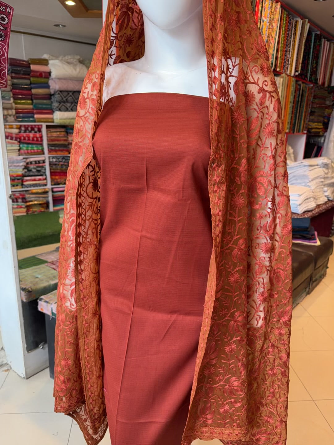 3 Piece Doria Lawn Suit With Chiffon Embroidered Dupatta | Rust