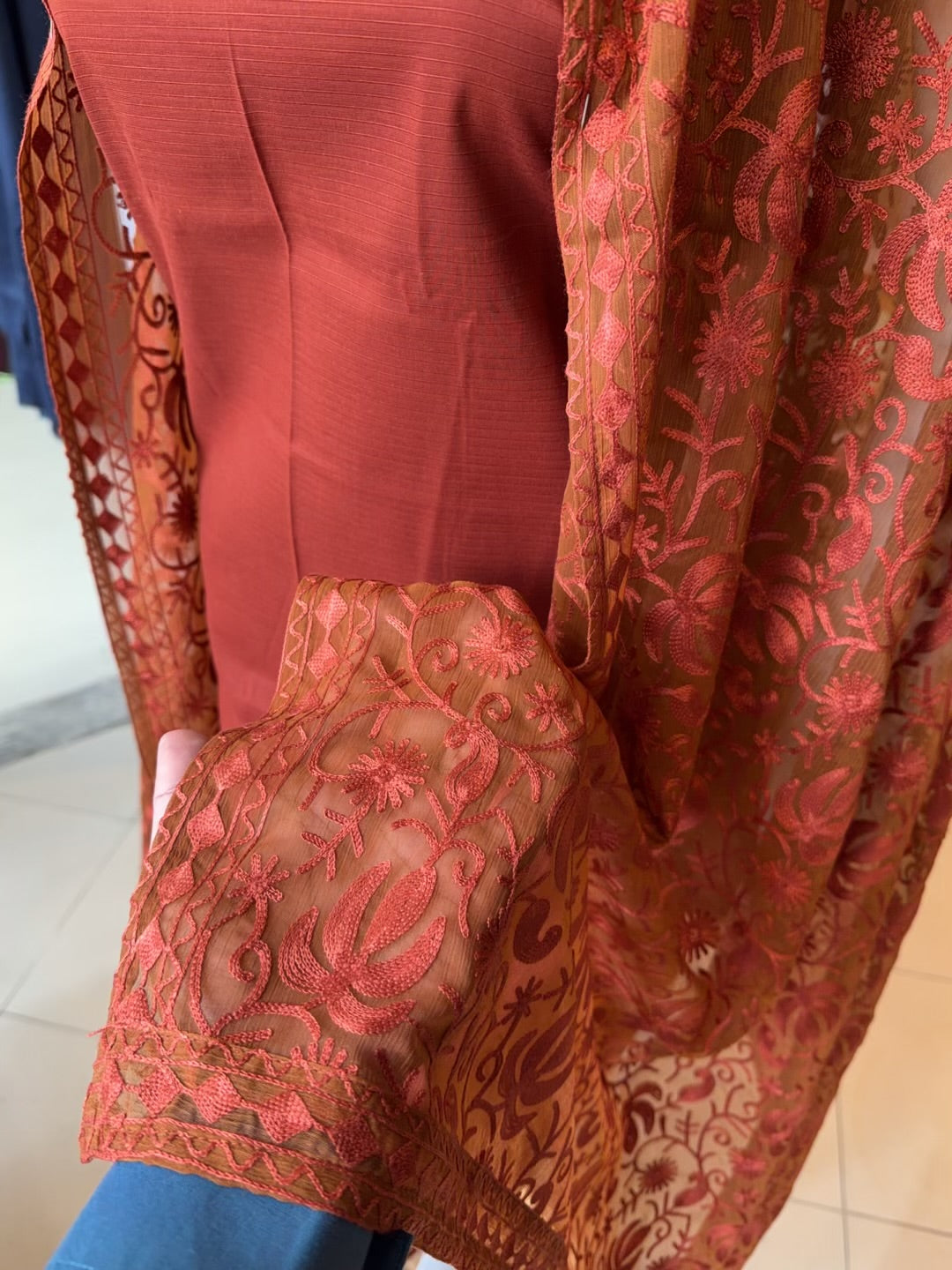 3 Piece Doria Lawn Suit With Chiffon Embroidered Dupatta | Rust